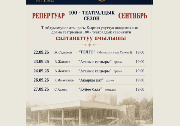 Кыргызский драмтеатр представил репертуар на сентябрь в рамках 100-го театрального сезона